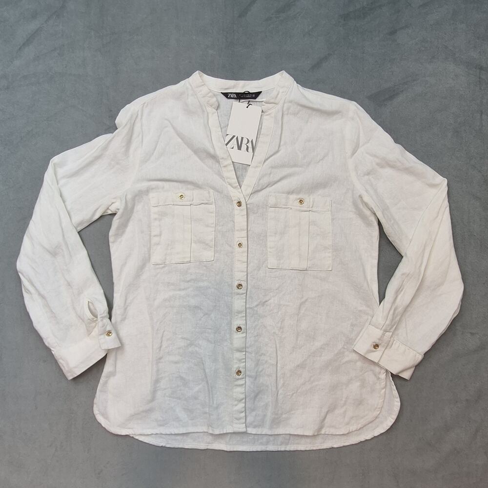 Zara Women's V-Neck Linen Blend Beachy Coastal Button Up Shirt White Sz S NWT
